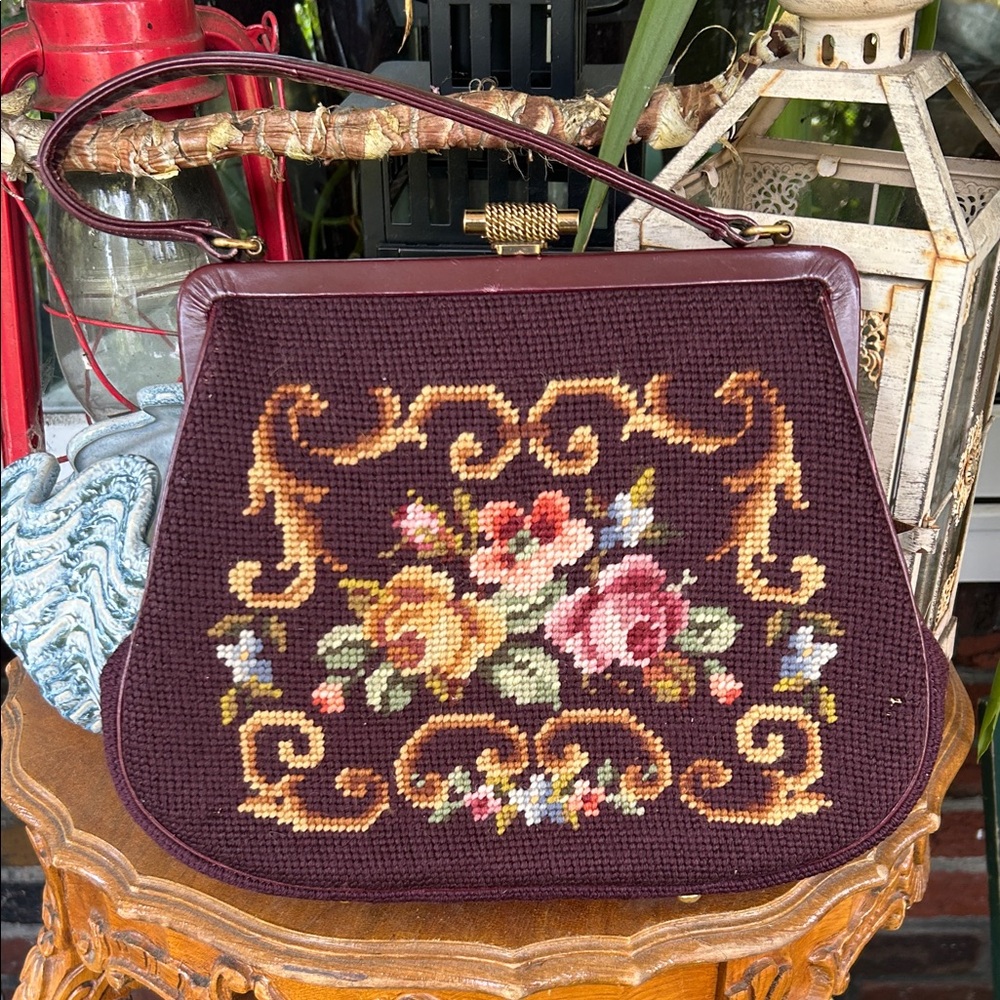 Vintage Bordeaux Floral Embroidered Handbag